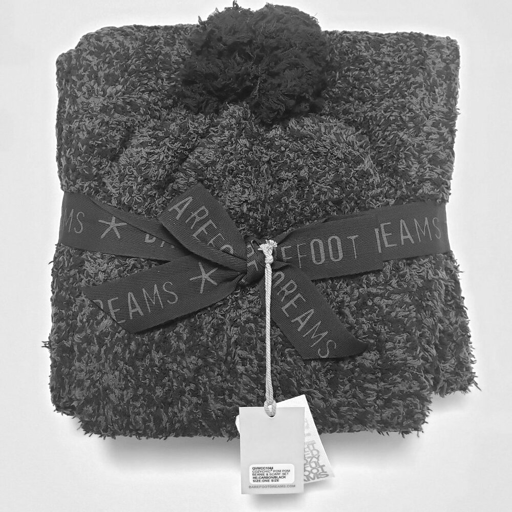 Barefoot Dreams CozyChic Pom Pom Beanie & Scarf Set Carbon/Black OS Winter Wear